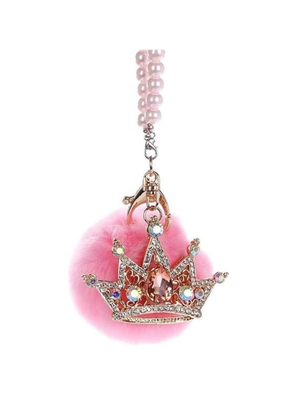 Pink Bling Car Charm Furry Pom Pom Crown Pearl Chain Rear View Mirror Accessory